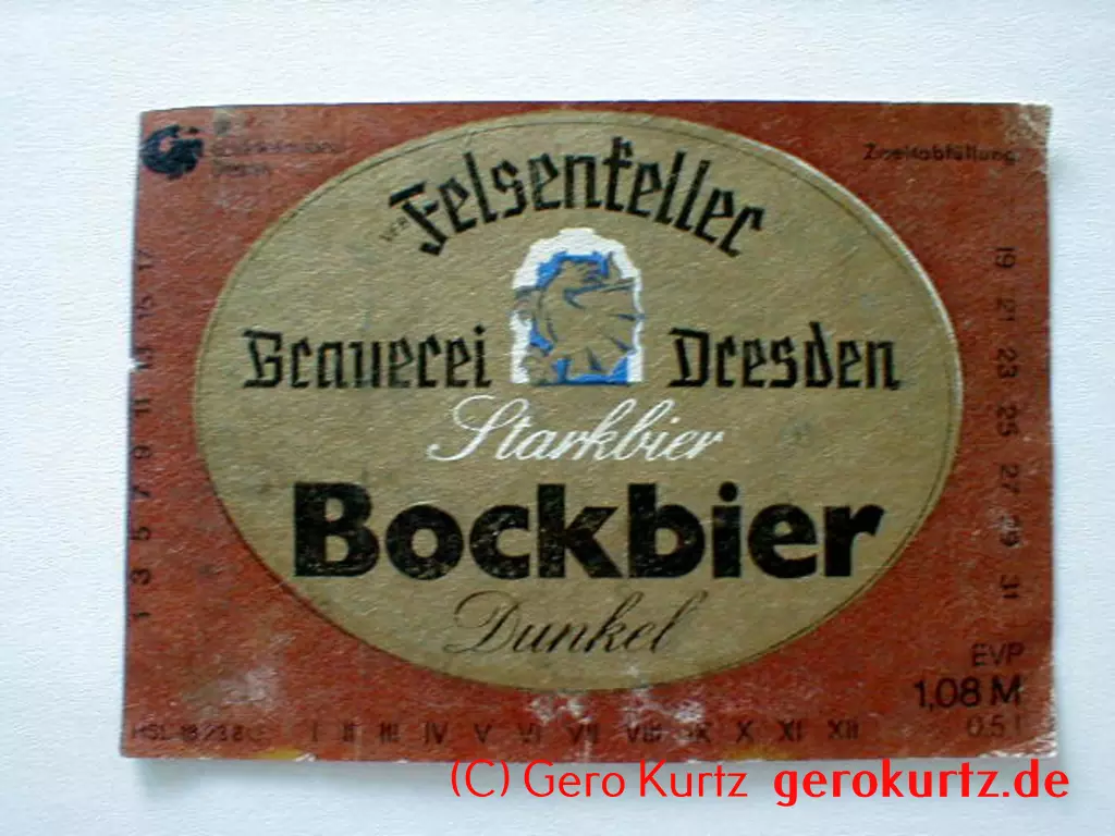 DDR Bieretiketten und Brauseetiketten - Bockbier, Felsenkeller Brauerei Dresden, Starkbier, dunkel, VEB Getränkekombinat Dresden, Zweitabfüllung, HSL 1823810, EVP 1,08 M